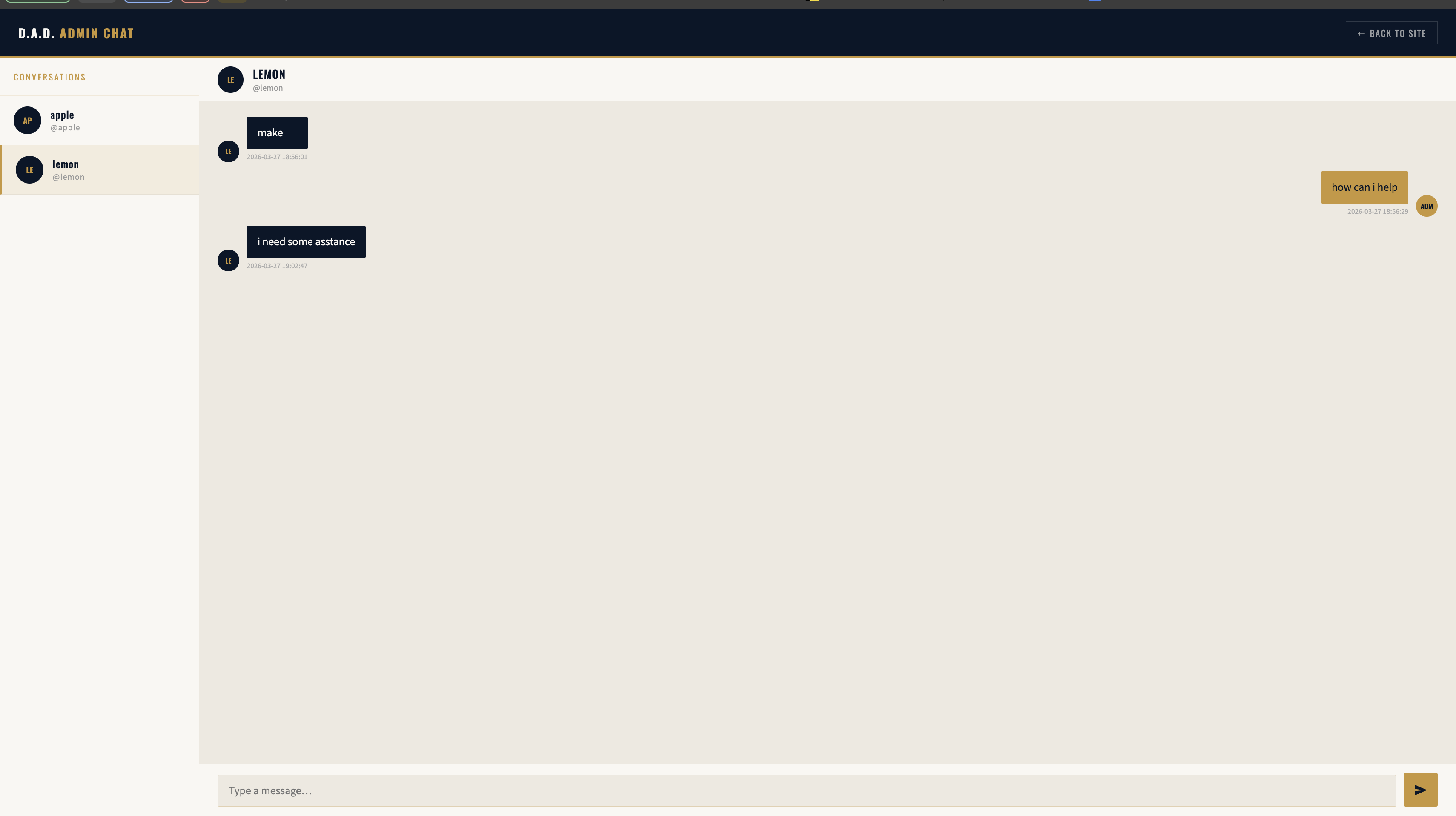 Admin chat dashboard screenshot